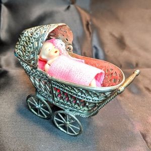 Vtg Bisque Ceramic Baby Doll w/ Tooled Carriage
